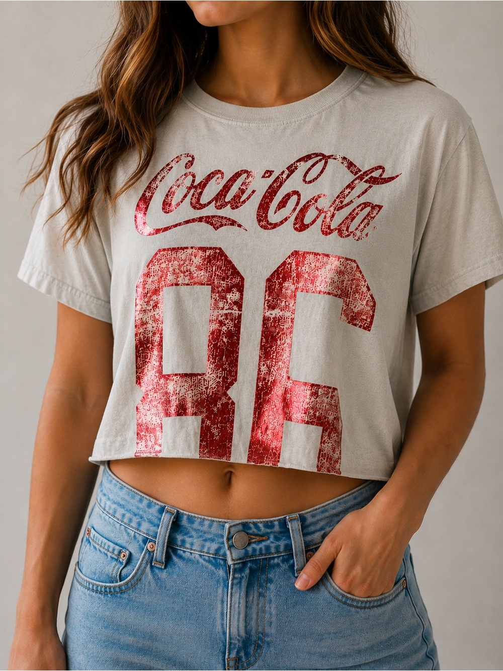 Coca-Cola Light Gray Crop Top Tee with Distressed Red Logo Women’s Size S
